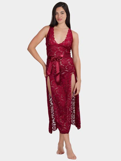 Shyle Red Dahlia Deep Plunge Neck Lace Babydoll With High Slits