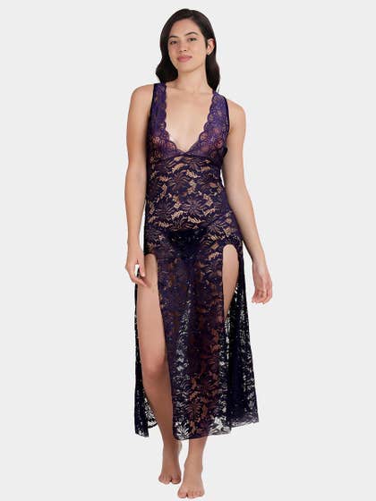 Shyle Surf Blue Deep Plunge Neck Lace Babydoll With High Slits