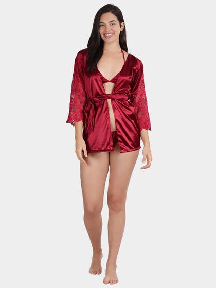 Shyle Cabernet Red Mesh Panel Bell Sleeve Babydoll
