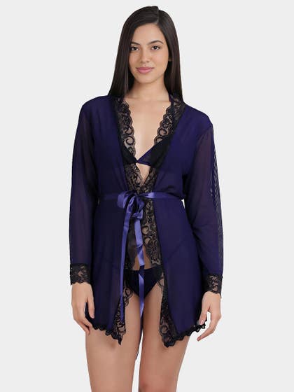 Shyle Dazzling Blue With Black Contrast Lace Robe Babydoll