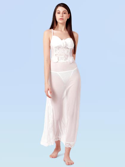 Shyle White Low Back Mesh Babydoll With Organza Rose Embellishment 