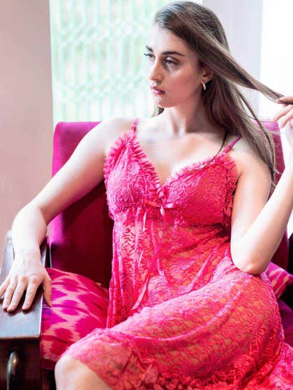 Shyle Pink Lace Babydoll With Pleated Neckline