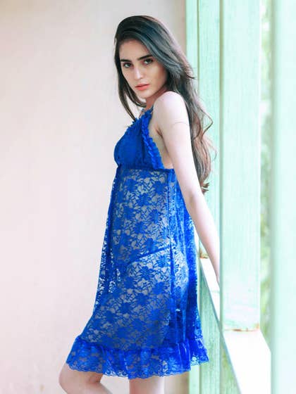 Shyle Royal Blue Lace Babydoll With Pleated Neckline