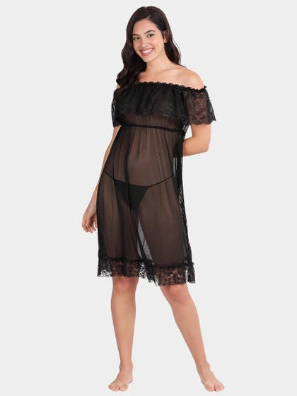 Shyle Black Beauty Lace Off Shoulder Babydoll