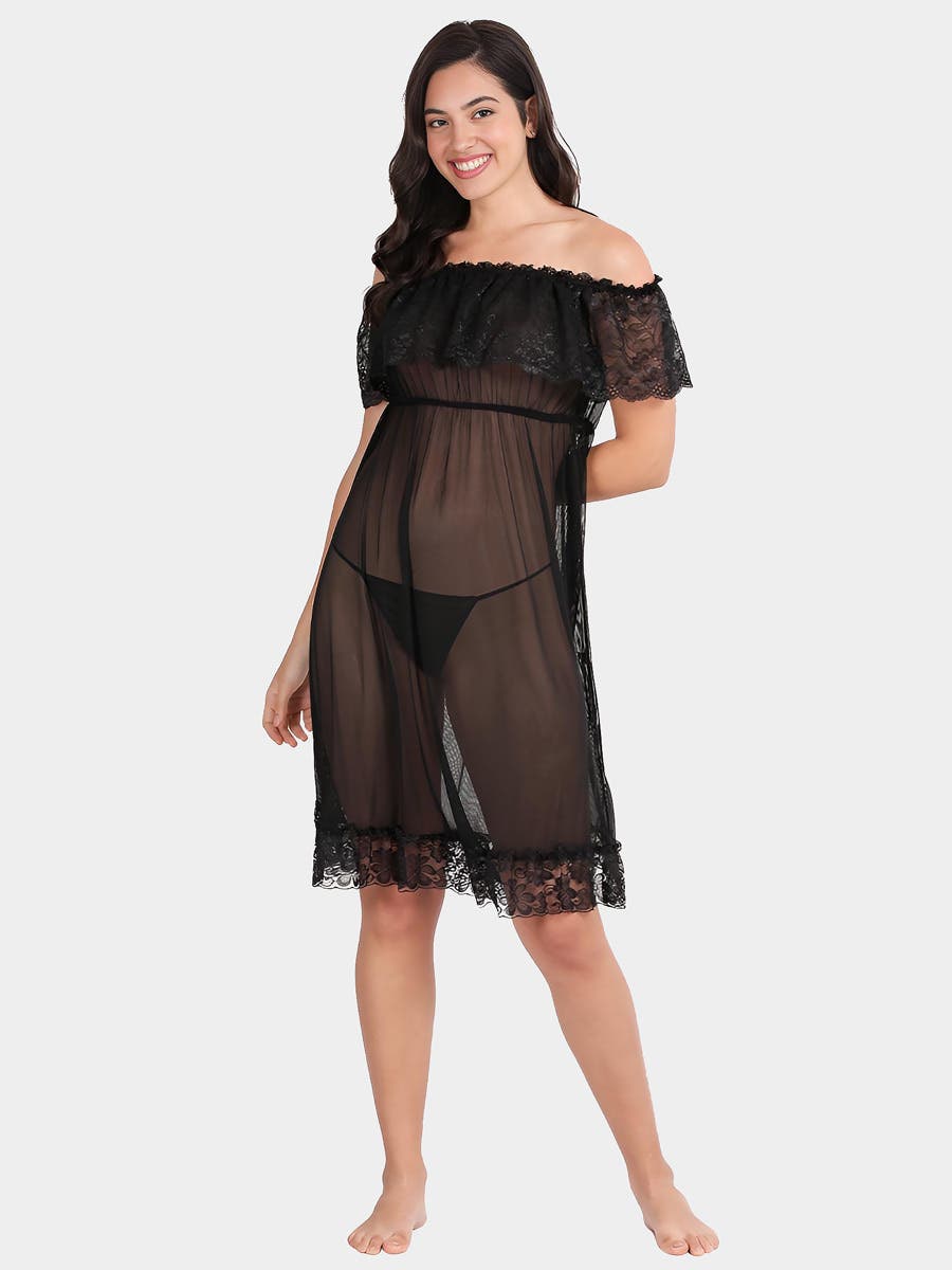 Shyle Black Beauty Lace Off Shoulder Babydoll