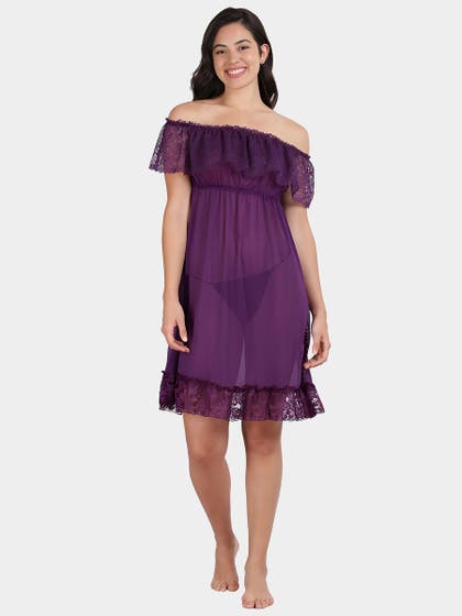 Shyle Deep Purple Lace Off Shoulder Babydoll