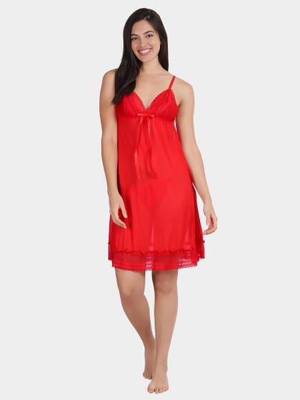 Shyle Fiery Red Triangle Cup Lace Hem Babydoll