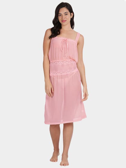 Shyle Baby Pink Full Mesh Gathered Waist Babydoll