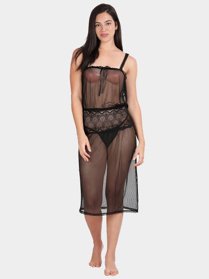 Shyle Black Beauty Full Mesh Gathered Waist Babydoll
