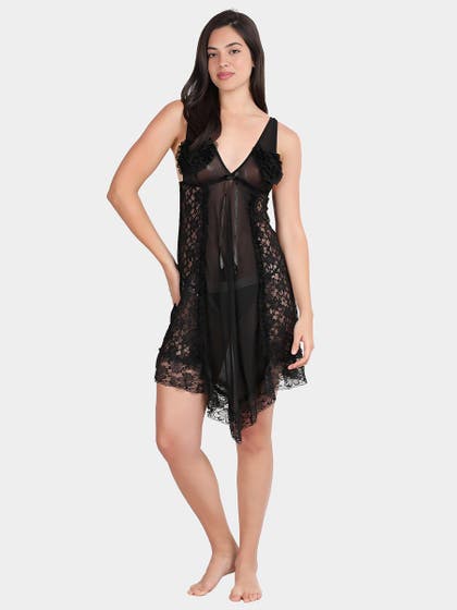 Shyle Black Beauty Heart Shape Applique Asymmetric Babydoll