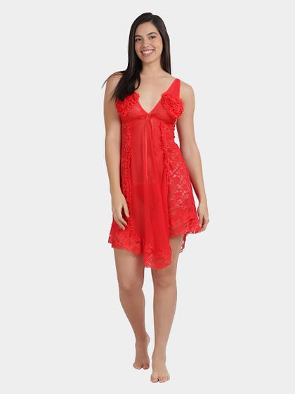 Shyle Fiery Red Heart Shape Applique Asymmetric Babydoll