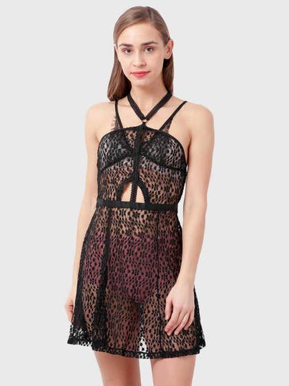 Shyle Black Halter Neck Lace Embellished Sexy Babydoll