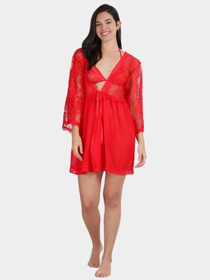 Shyle Fiery Red Back V Neck Flared Sleeve Babydoll
