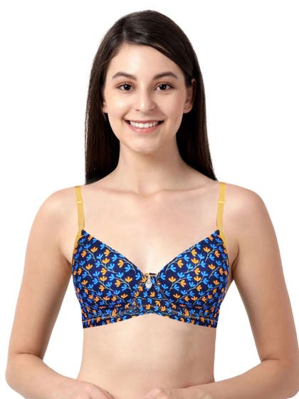 Susie Navy Blue Yellow Leaf Print Cotton Everyday Bra