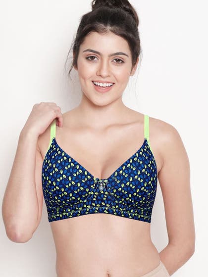Susie MidNight Blue with Fluorescent Green Overall Floral Printed Bra