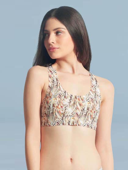 Shyaway White Brown Abstract Print Sports Bra