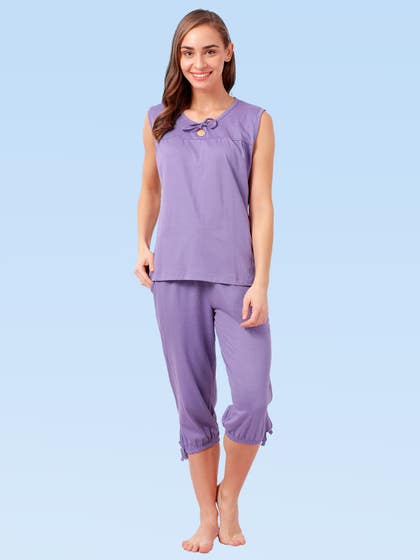 Shyaway Lilac Purple Solid Sleeveless Nightwear Capri Set