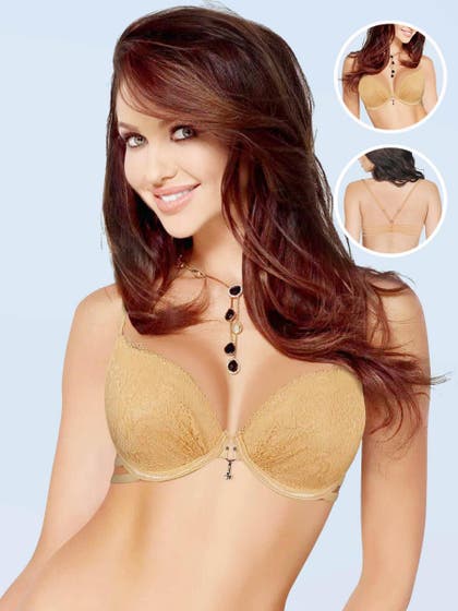 Shyle Nude Lace Strappy Back Padded Underwired Front Open Bra