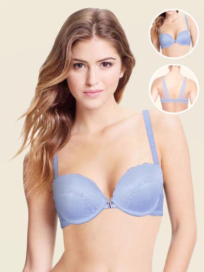Shyle Powder Blue Mesh and Lace Padded Front Open Push Up Bra
