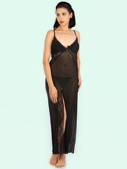 Shyle Black Deep V-neck Mesh Babydoll With Lace Front Slit 