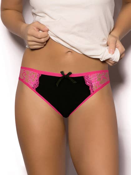 Shyle Black Pink Lace Cotton Thong Panty