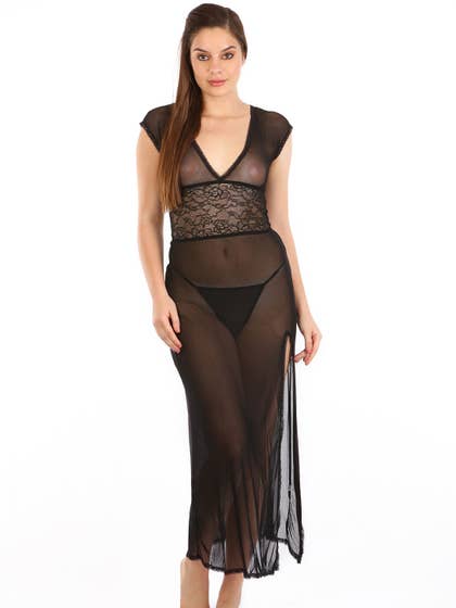 Shyle Black Deep V Neck Maxi Babydoll