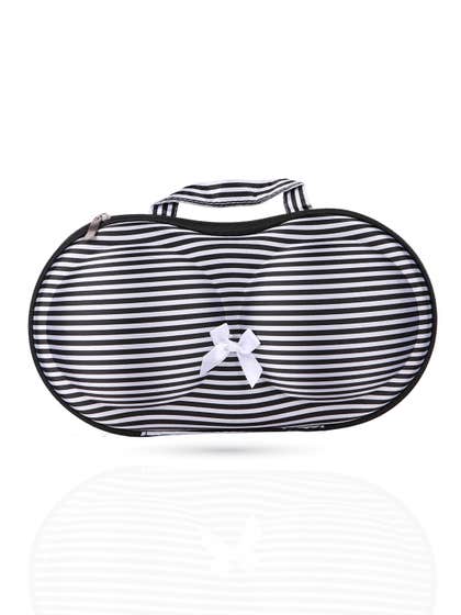 Shyle Black White Stripe EVA Travel Bra Bag With Bow At Front
