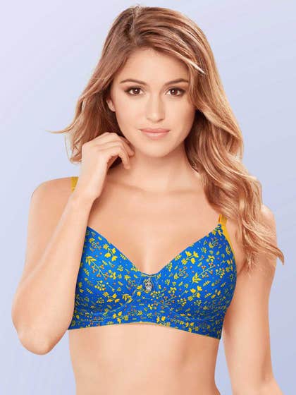Susie Blue Yellow Floral Printed Everyday Bra With Pearl Accent At The Center
