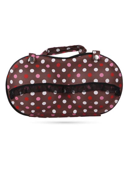 Shyle Brown Pink Polka Dot EVA Travel Bra Bag With Ruffle Organza Ribbon At Front