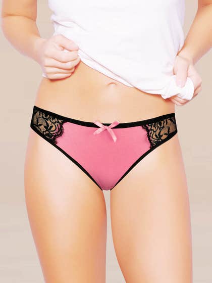 Shyle Coral Pink Black Lace Cotton Thong Panty