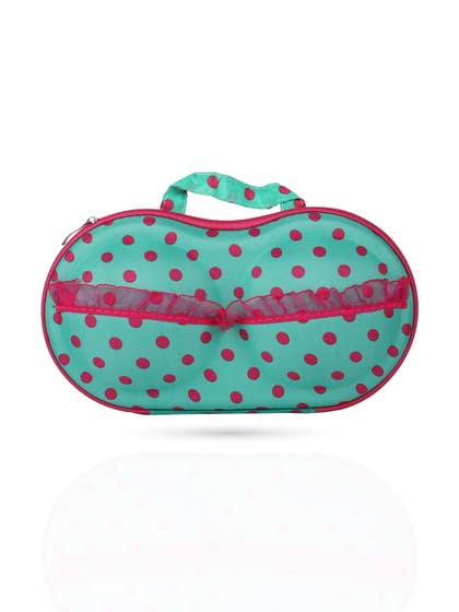 Shyle Green Pink Polka Dot Print EVA Travel Bra Bag With Ruffle Organza Ribbon At Front