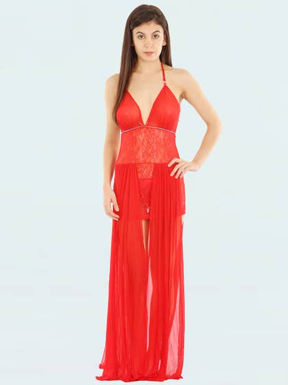 Shyle Hot Red Halter Neck Babydoll With Pleats 