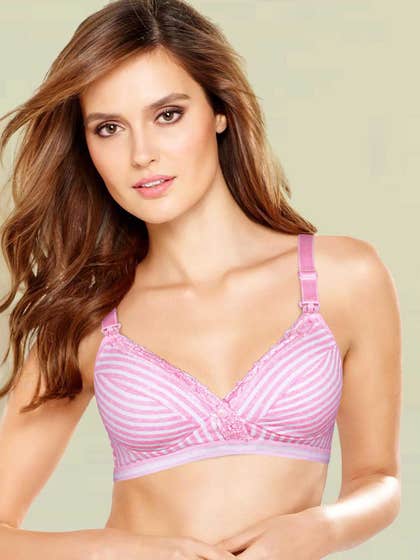 Shyle Light Pink Striped Laced Neckline Nursing Bra