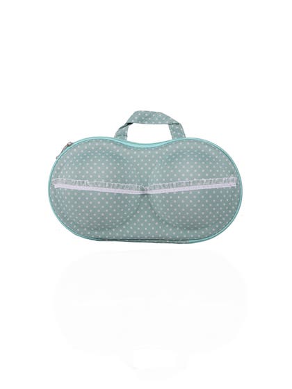 Shyle Light Sage Green Polka Dot EVA Travel Bra Bag With Ruffle Organza Ribbon At Front