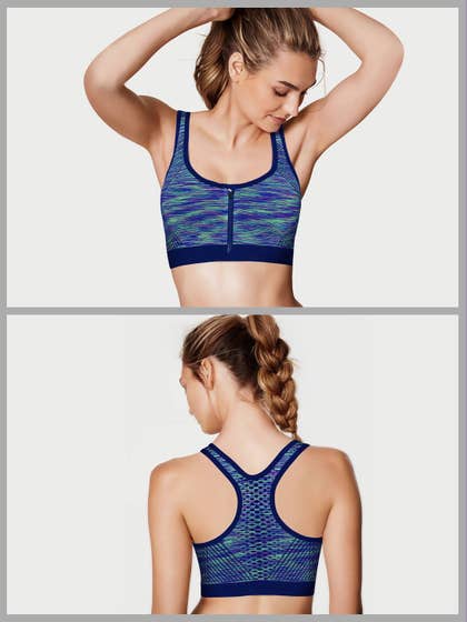 Shyle Navy Blue Front Zipper Racerback Sports Bra