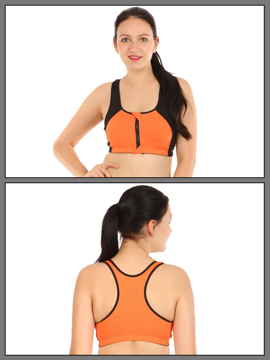 shyle orange front zipper fitness sports bra