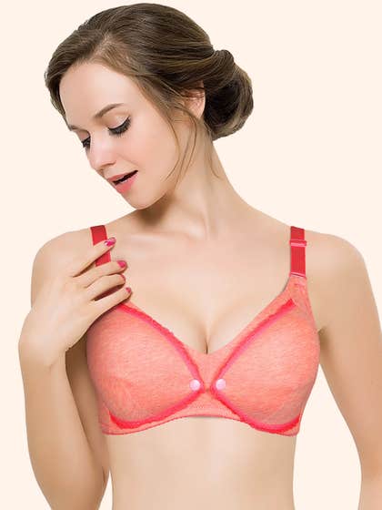 Shyle Peach Melange with Magenta Lace Nursing Bra