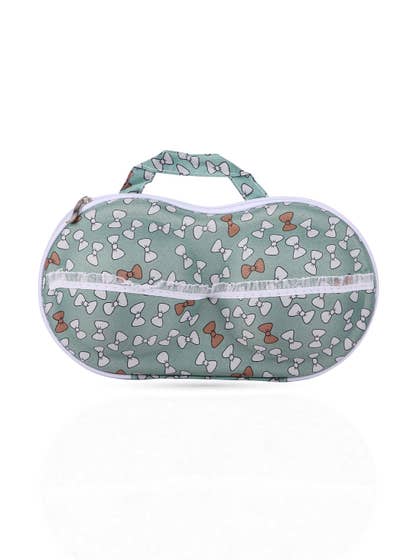 Shyle Sage Green Bow Print EVA Travel Bra Bag With Ruffle Organza Ribbon At Front