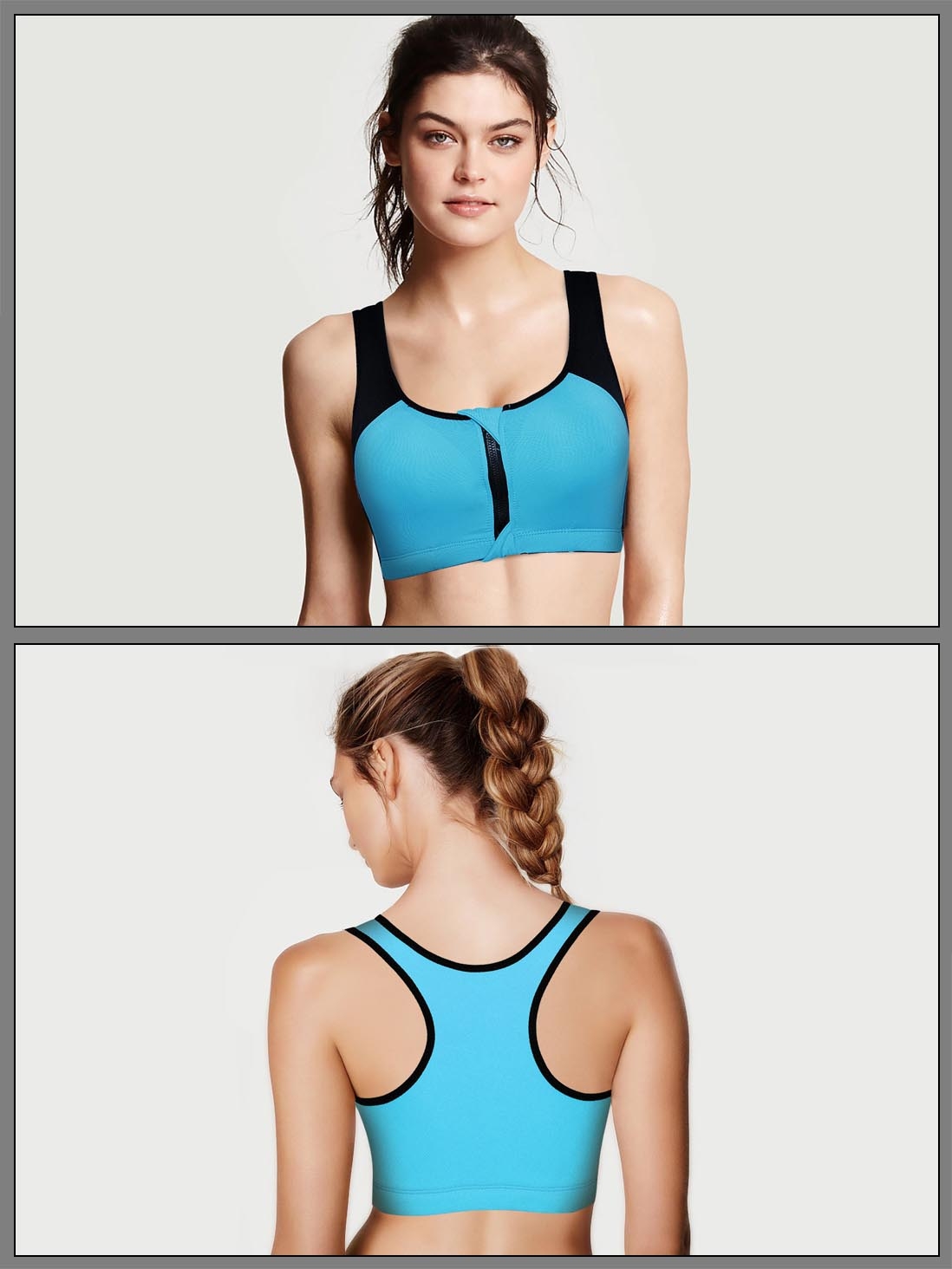 shyle sky blue front zipper fitness sports bra