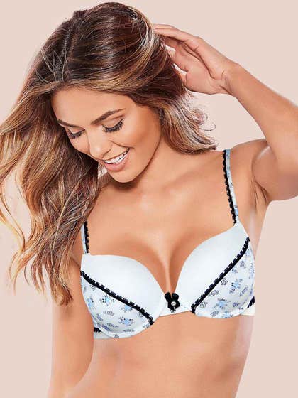 Shyle White Powder Blue Wired Floral Printed Push Up Bra