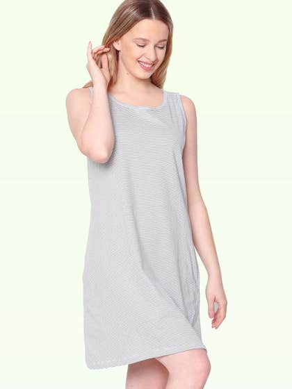 Shyaway White Grey Thin Stripes Sleeveless Nightgown