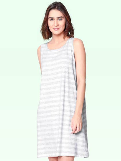 Shyaway White Grey Broad Horizontal Stripes Sleeveless Nightgown 
