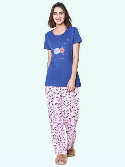 Shyaway Pink Blue Floral Print Nightwear Pyjama Set
