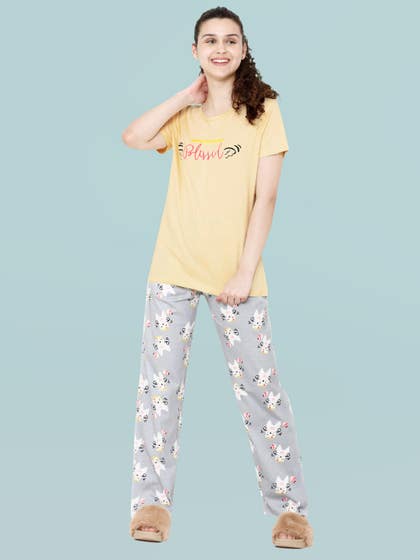 Shyaway Grey Yellow Blessed Print Nightwear Pyjama Set