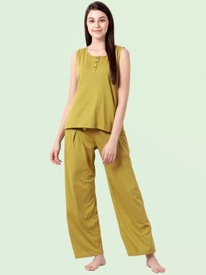 Shyaway Olive Green Solid Sleeveless Pyjama Set