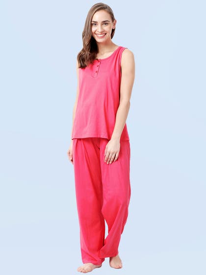 Shyaway Sugar Coral Pink Solid Sleeveless Pyjama Set