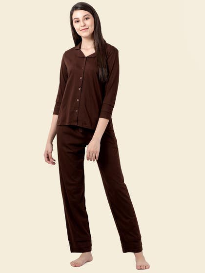 Shyaway Chocolate Brown Lapel Neck Full Sleeve Pyjama Set