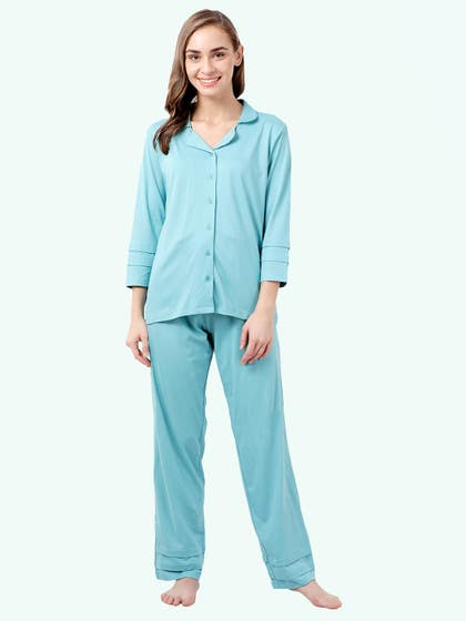 Shyaway Island Paradise Blue Lapel Neck Full Sleeve Pyjama Set