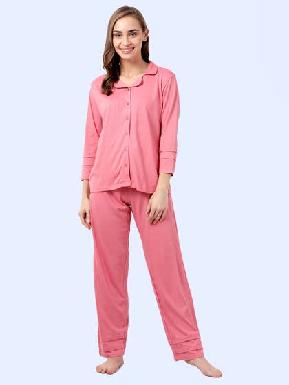Shyaway Shell Pink Lapel Neck Full Sleeve Pyjama Set