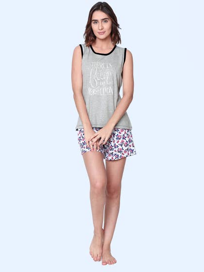 Shyaway Grey White Floral Print Nightwear Shorts Set